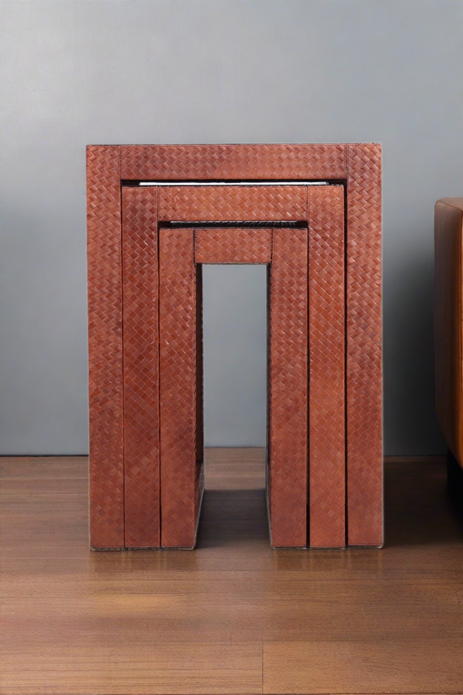 Vintage Style Leather Coverd Woven Nesting Table