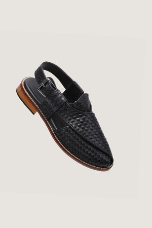 Hand-Woven King Khan Black Sheep Leather Peshawari Chappals. - Novado