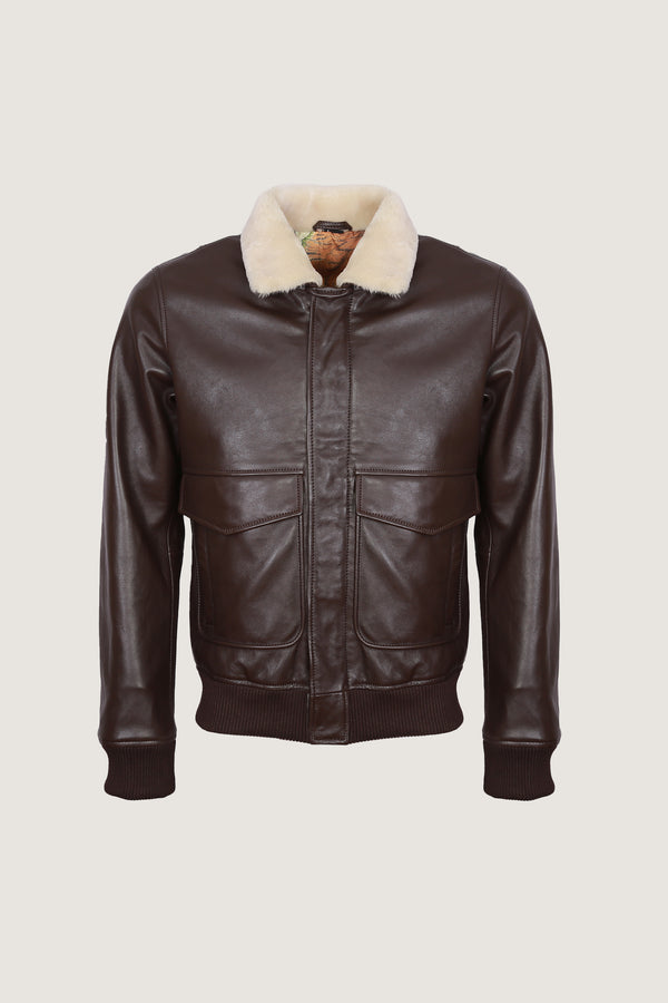 2 Pocket Style Bomber Full Grain Leather Jacket With Fur Collar