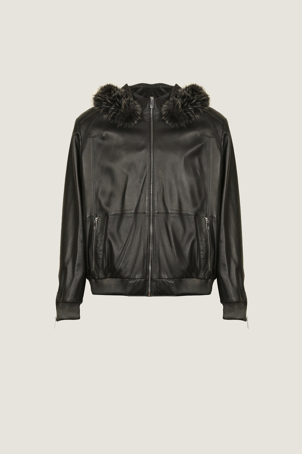 Bomber Leather Jacket With Fur Hoodie | Men