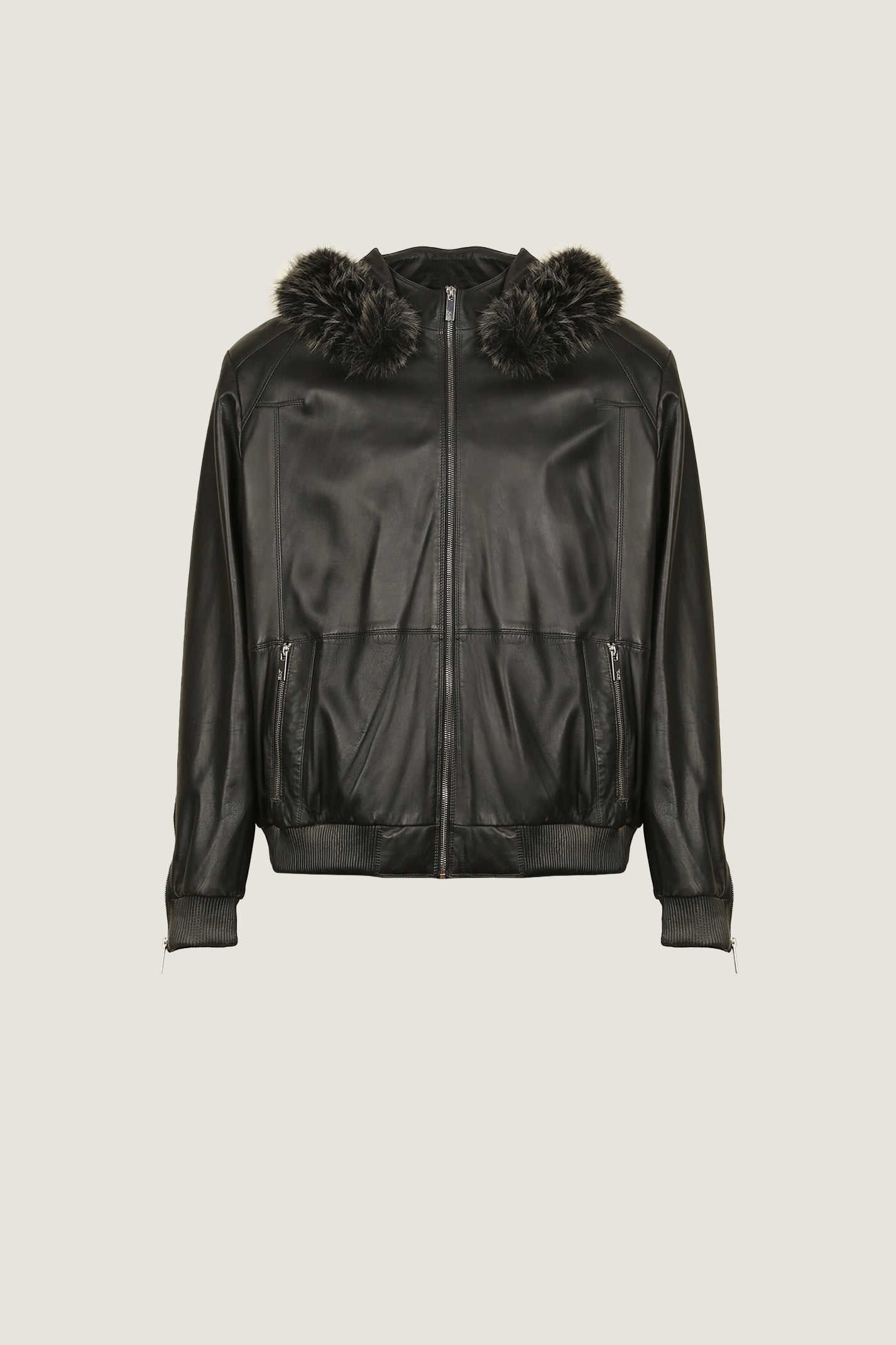 Bomber Leather Jacket With Fur Hoodie | Men