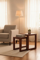 Vintage Style Leather Coverd Woven Nesting Table