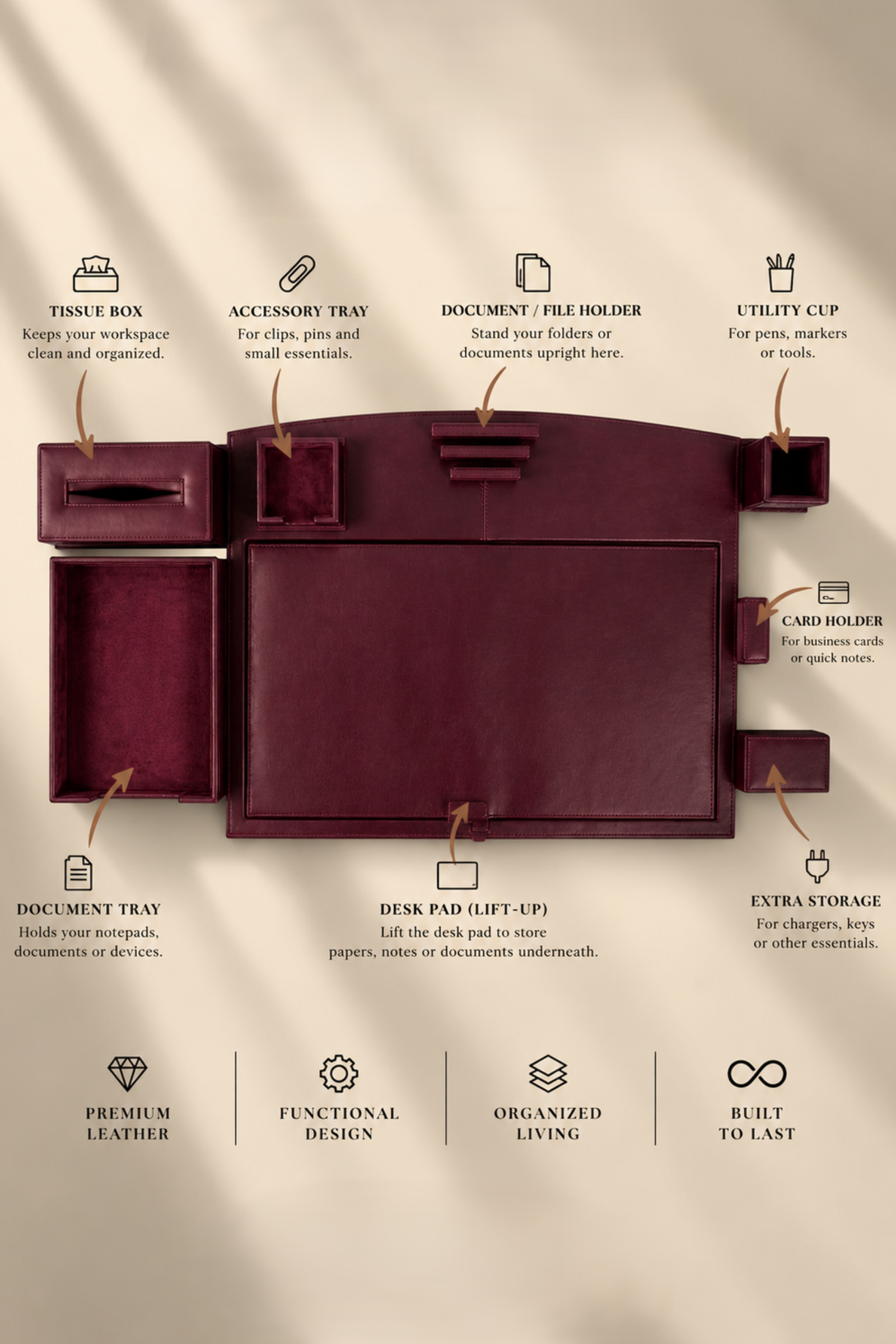 7-Piece Genuine Cow Leather Executive Desk Organizer Set