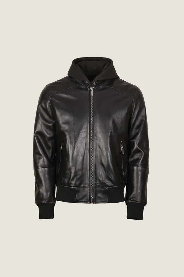 Bomber Leather Jacket With Hoodie