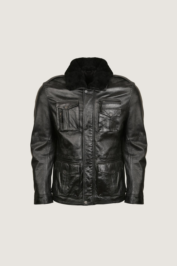 4 Pocket Style Leather Jacket With Fur Collar