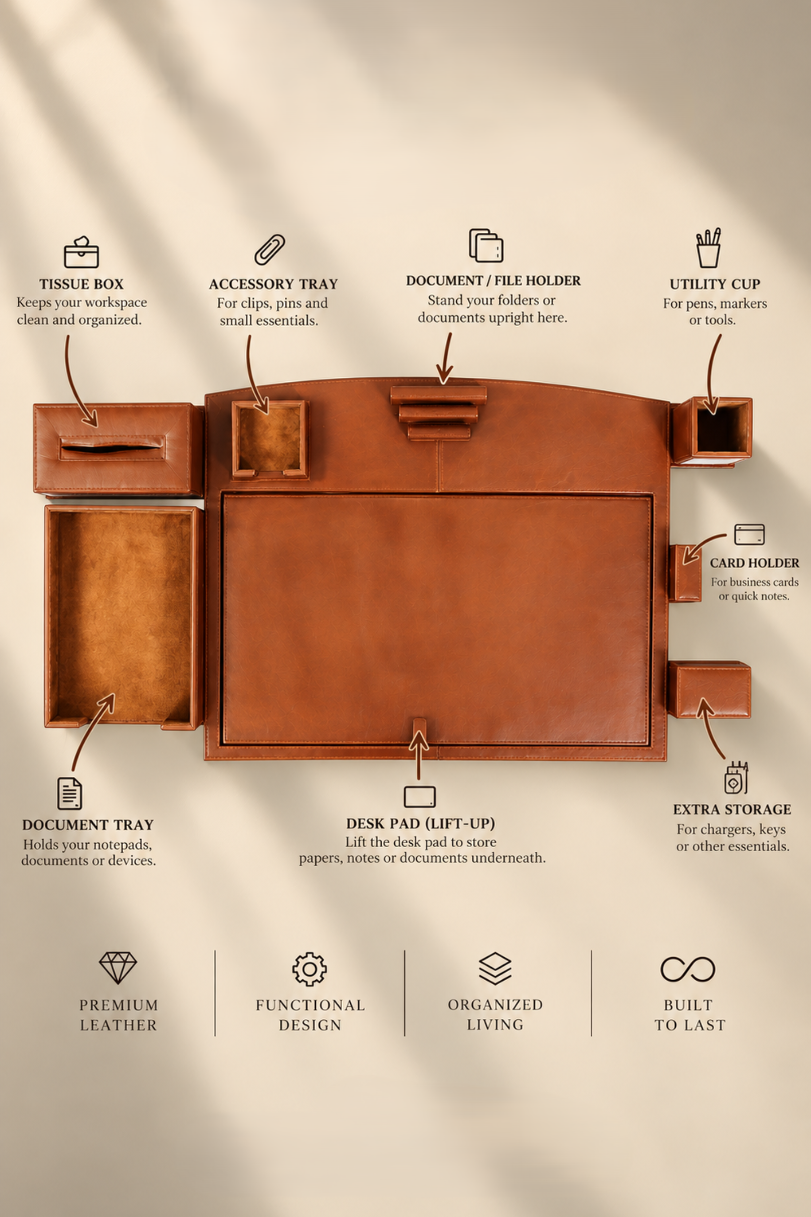 7-Piece Genuine Cow Leather Executive Desk Organizer Set