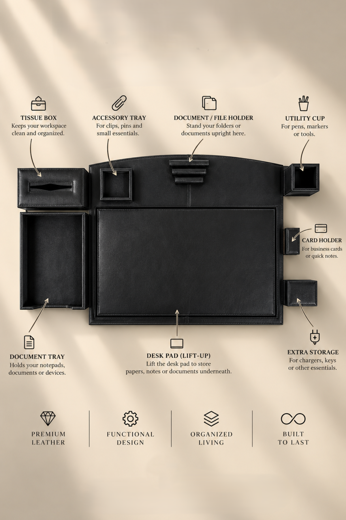 7-Piece Genuine Cow Leather Executive Desk Organizer Set