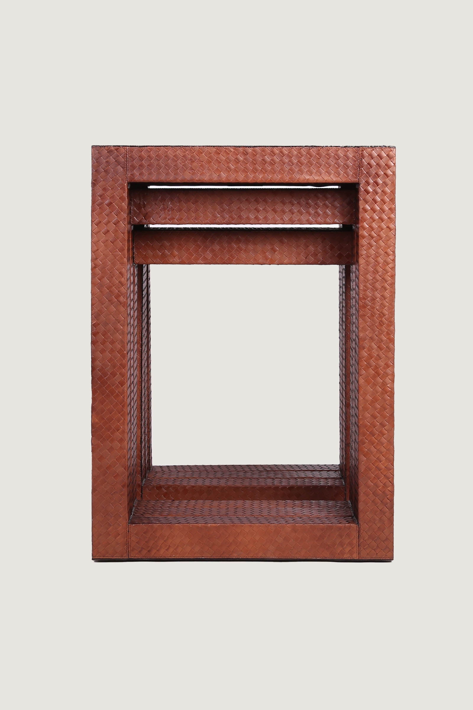 Vintage Style Leather Coverd Woven Nesting Table
