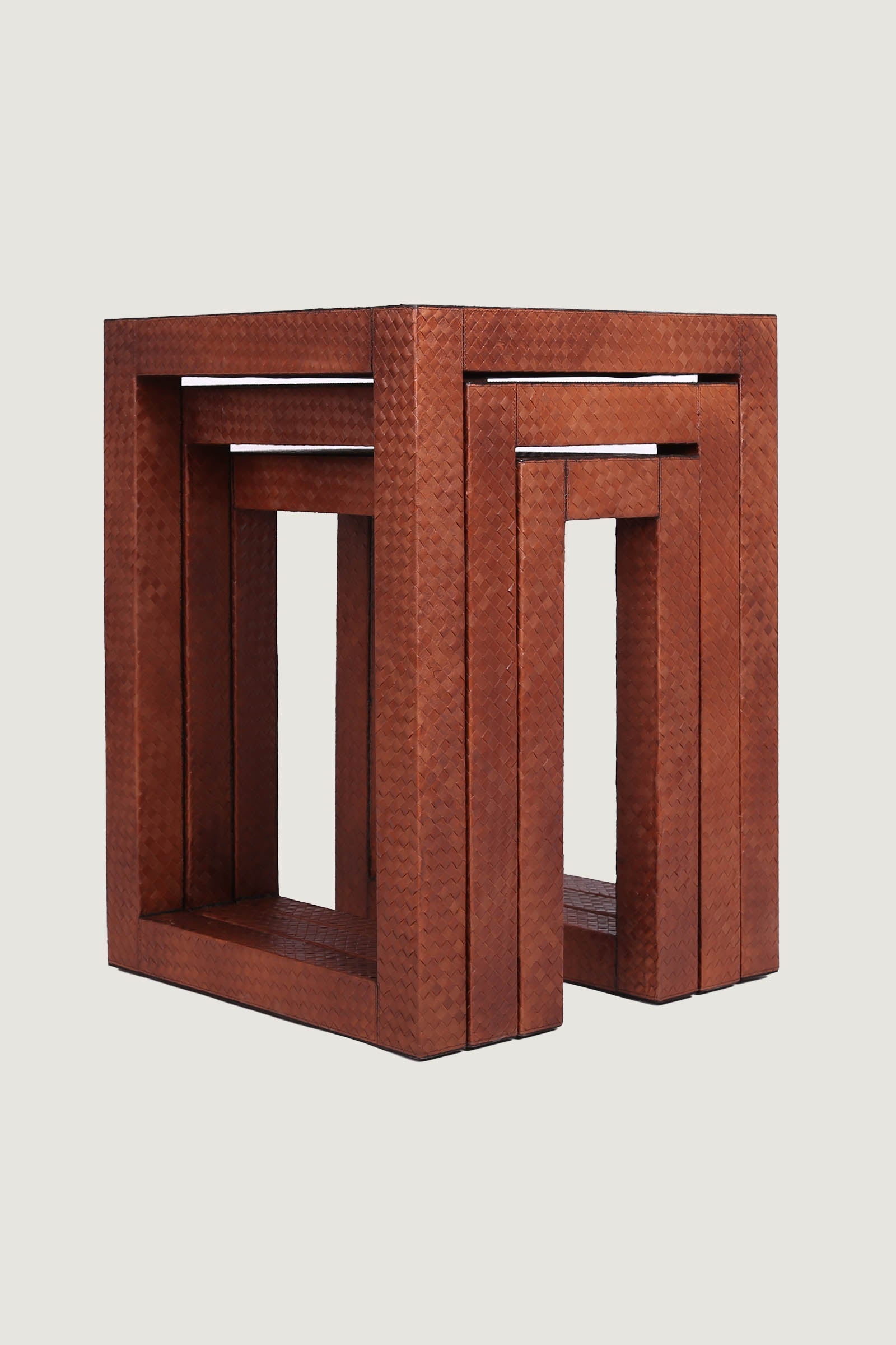 Vintage Style Leather Coverd Woven Nesting Table