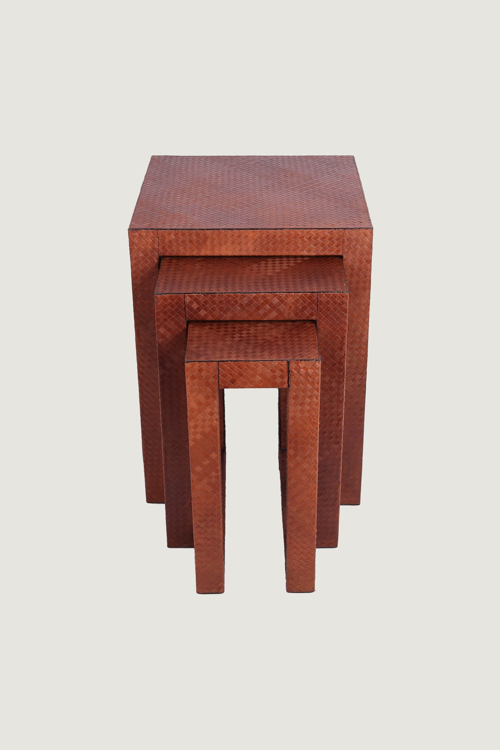 Vintage Style Leather Coverd Woven Nesting Table