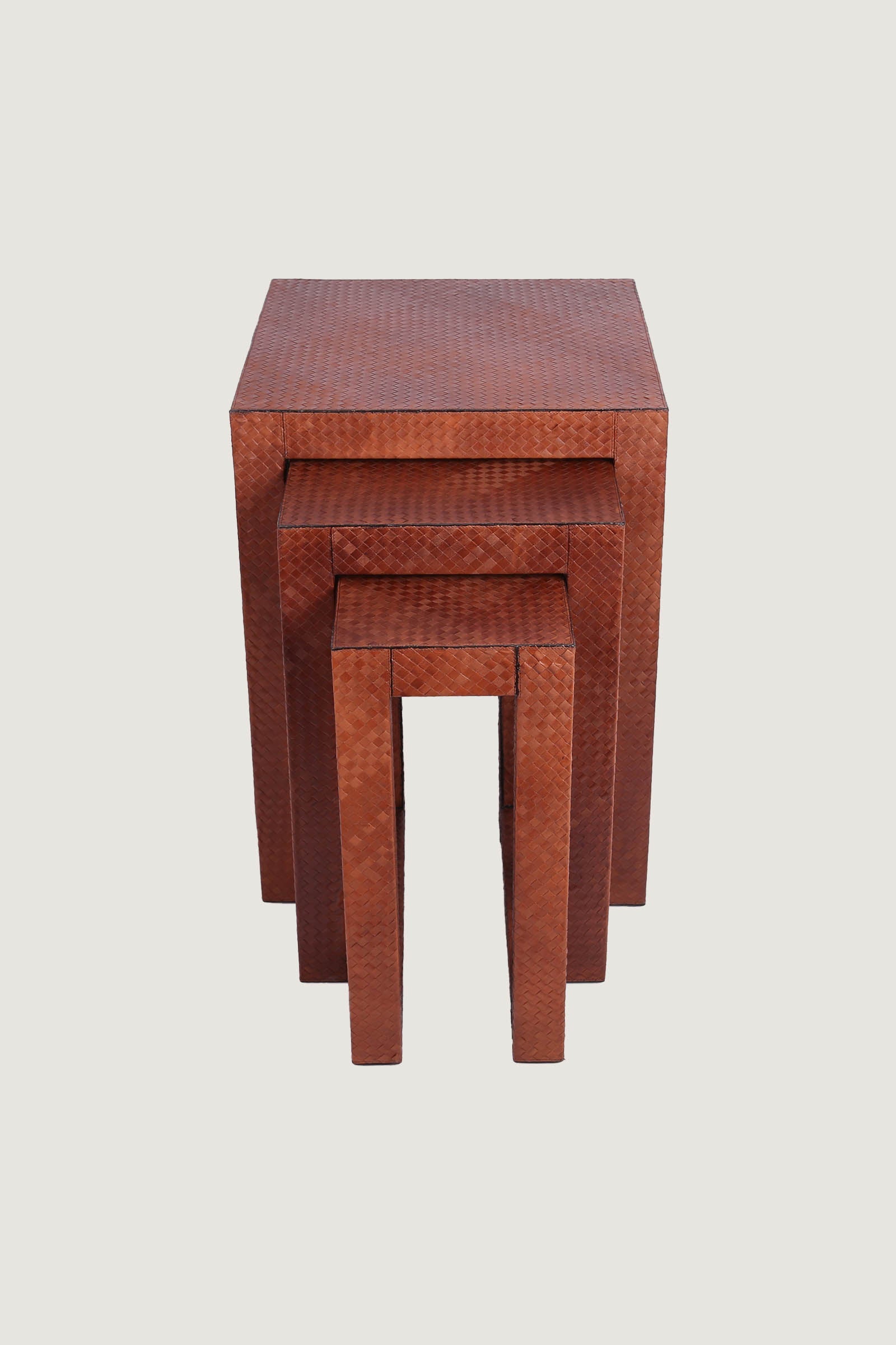 Vintage Style Leather Coverd Woven Nesting Table