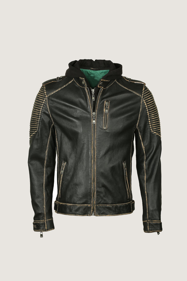 Classic Leather Jacket With Hoodie