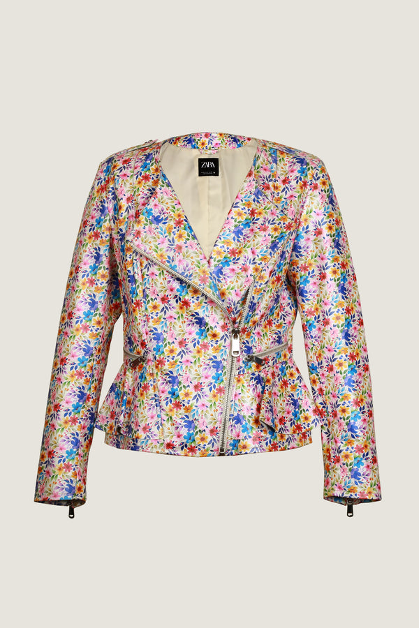 Flower Print Leather Jacket