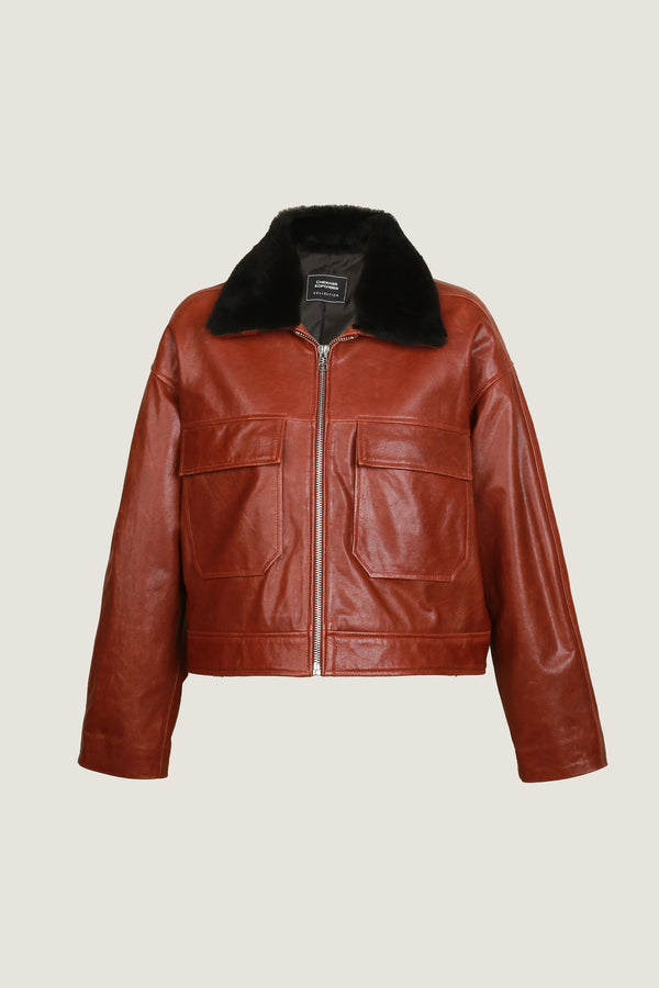 2 Pocket Style Leather Jacket With Fur Collar