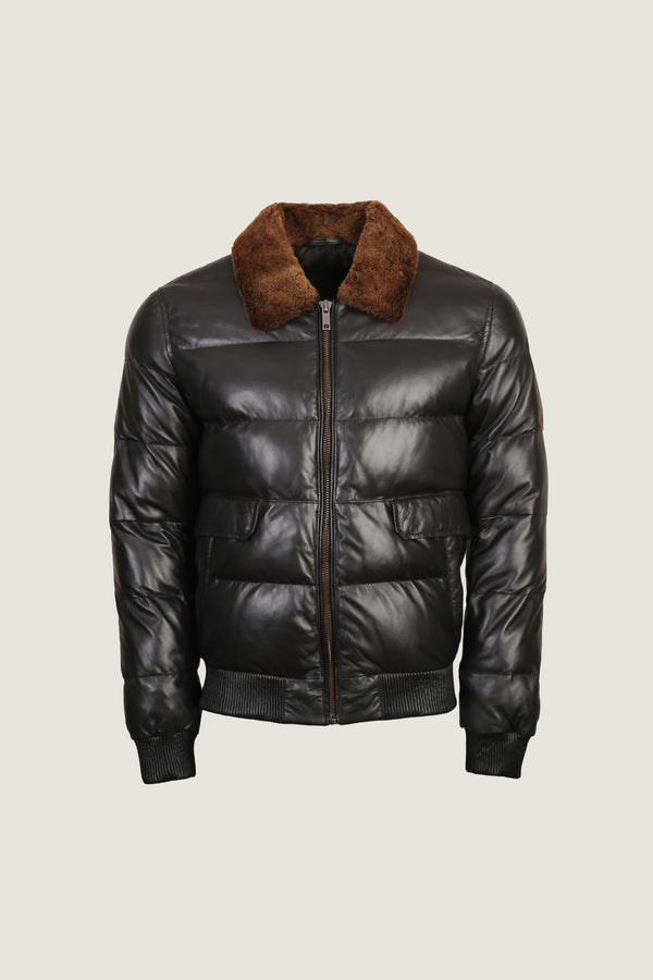 Puffer Leather Jacket With Fur Collar