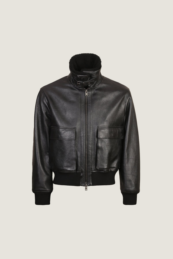 Bomber Leather Jacket With Long Fur Collar