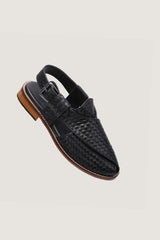 Hand-Woven King Khan Black Sheep Leather Peshawari Chappals. - Novado